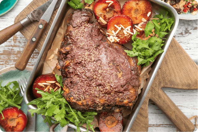 Moroccan Spiced Roasted Lamb Leg with Plums